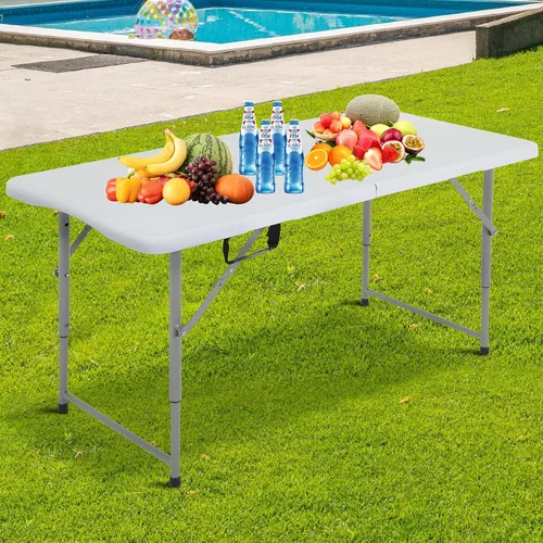 Vista 2 de Mesa plegable de plástico, 4 pies, color blanco, altura ajustable, interior/exterior, comedor de fiesta, utilidad