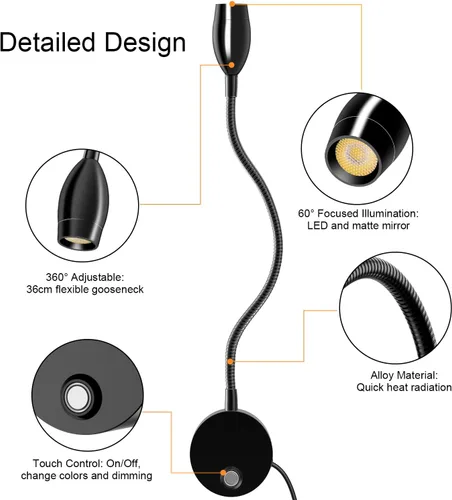 Vista 6 de ERAY 1 paquete de 1 luz LED de lectura para cama montada en la pared Touch Control, 3 Dimmable, 360°Flexible Gooseneck Headboard Book Reading