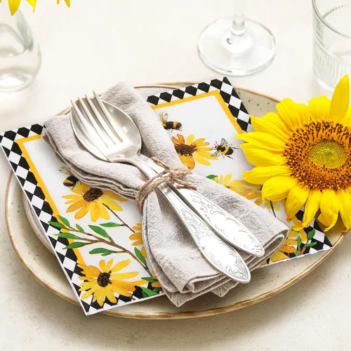 Vista 5 de JarThenaAMCS 80 servilletas de almuerzo con girasol, abejas florales, desechables, servilletas de papel decorativas a cuadros de diamantes