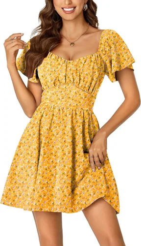 Vista 20 de Rooscier Minivestido acampanado de manga corta con volantes, cuello cuadrado, envolvente y espalda anudada para mujer