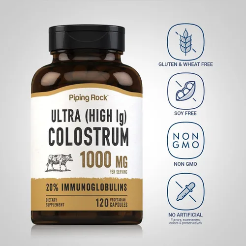 Vista 3 de Piping Rock Cápsulas de calostro de 1000 mg 120 píldoras Suplemento para mujeres y hombres 20% de inmunoglobulina Vegetariano, sin OMG, sin