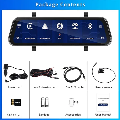 Vista 8 de Cámara de espejo retrovisor con Carplay y Android Auto, 9.66 pulgadas 1080P espejo Dash Cam frontal y trasera con control de voz