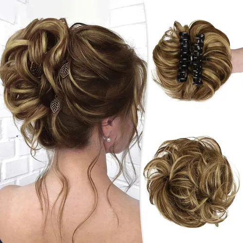 Vista 23 de RUWISS Extensiones de cabello humano real, ondulado y rizado, moño despeinado, cola de caballo para mujer (12H24# castaño rojo/rubio mediano)