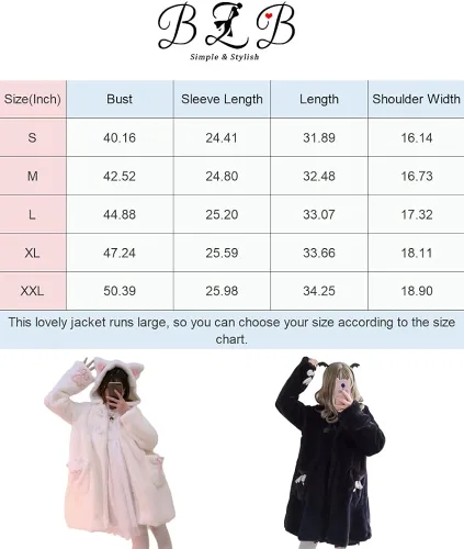 Vista 4 de BZB Kawaii Anime Lindas orejas de conejo con capucha para mujer, dulce y encantador terciopelo de felpa Lolita cálido abrigo parka