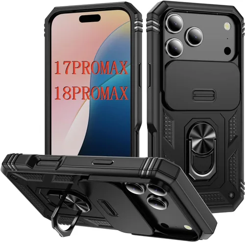 Vista 90 de PASNEW Funda militar para iPhone 13 Pro Max, cubierta de cámara deslizante y soporte de anillo de metal de 360°, carcasa rígida multicapa resistente