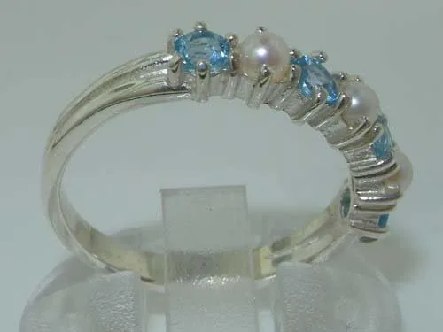 Vista 4 de Anillo de eternidad de plata de ley 925 con perla cultivada y topacio azul para mujer