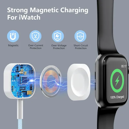 Vista 4 de Travel Essentials - Cable de carga 3 en 2 para cargador de Apple Watch, cargador de iPhone, cable de carga rápida USB C compatible con iWatch Series
