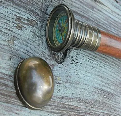 Vista 3 de Juego de dos brújulas/telescopio de madera bastón-bastón de latón brújula/mango de telescopio