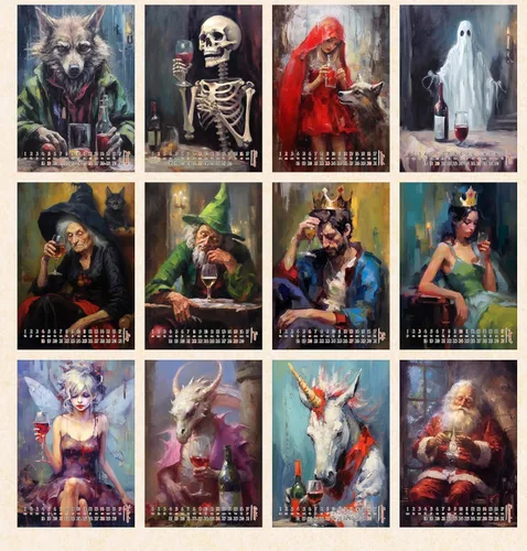 Vista 2 de Calendario de pared 2026 [12 páginas de 8 x 12 pulgadas] Criaturas míticas y personajes bebiendo vino solo, póster de ilustración de libro vintage