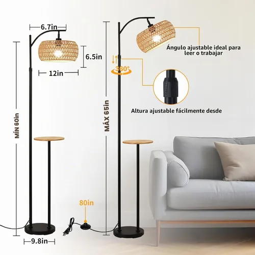 Vista 3 de Lámpara de pie bohemia con estante de madera, bombilla inteligente regulable de 9 W incluida, lámpara de pie con control remoto con mesa, lámpara