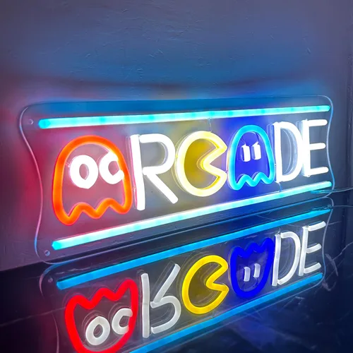 Vista 8 de Letrero de neón de arcade, retro fantasma, juego de arcade, letrero de luz de neón LED, regulable, lámpara nocturna 3D hecha a mano