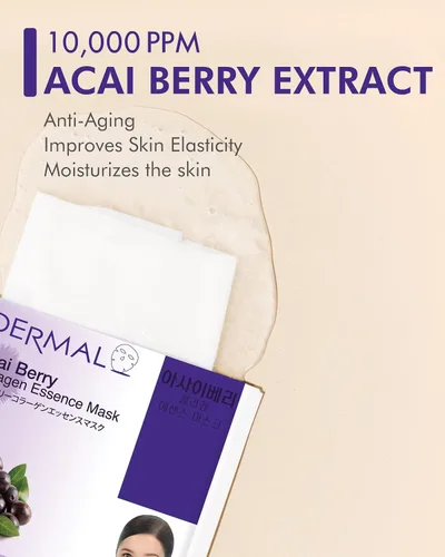 Vista 3 de DERMAL Acai Berry Collagen Essence - Mascarilla facial de 0.81 onzas (0.81 oz), paquete de 10 unidades – Hidratante y reafirmante mantiene la piel