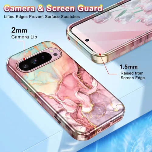 Vista 4 de Btscase Funda para Google Pixel 9 Pro XL 2024 [grado militar a prueba de golpes] elegante patrón de mármol delgado protector de 3 capas de Oro rosa