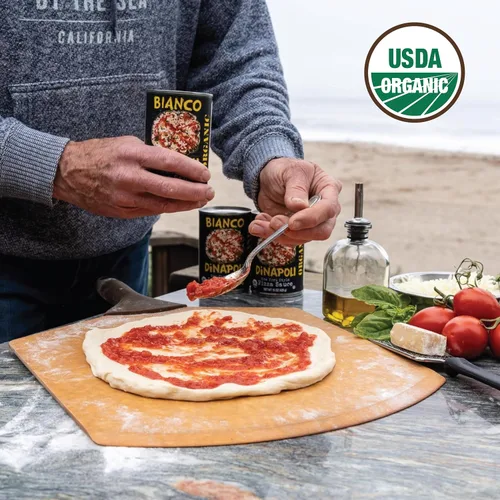 Vista 6 de Salsa orgánica para pizza estilo NY Bianco DiNapoli, 15 onzas (paquete de 8), tomates cultivados en California maduros en la vid, con ajo, especias