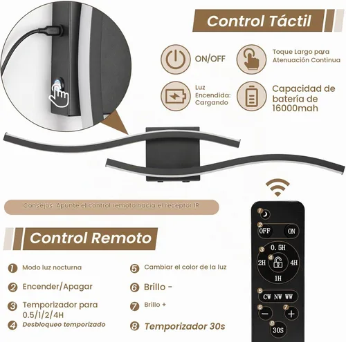 Vista 4 de Apliques de pared a pilas, apliques de pared recargables, luz LED inalámbrica de 3000 K-6500 K, lámpara de pared moderna no cableada para sala