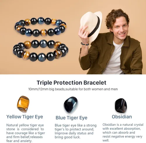 Vista 6 de Tiger Eye Bracelet men womenanti-anxiety courage and determination bracelet Black Obsidian Bead Triple Protection Bracelet Jewelry Genuine Crystal