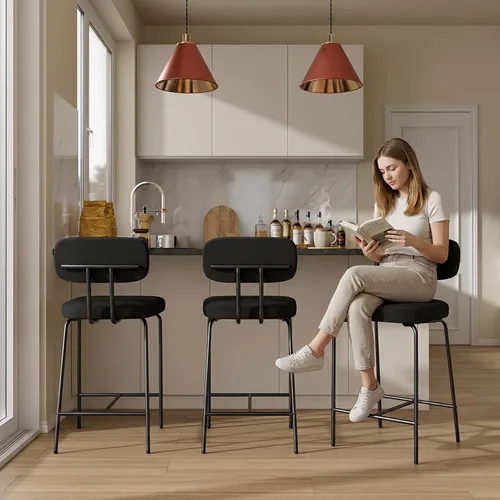 Vista 4 de GXJ - Juego de 3 taburetes de bar, taburetes de cocina con respaldos y patas de metal, taburetes de 26 pulgadas para altura de mostrador, tela