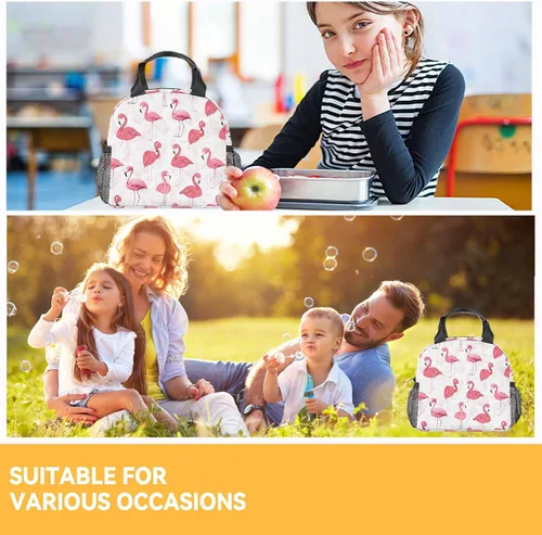 Vista 2 de Lonchera de flamenco para niñas, pequeñas bolsas de almuerzo aisladas, bonita lonchera reutilizable para mujeres, bolsas de almuerzo portátiles