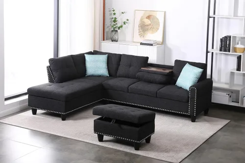 Vista 2 de EMKK Sofá modular de 3 piezas, juego de muebles de sala de estar, sofá esquinero tapizado de 5 plazas en forma de L, 1 diván gris oscuro