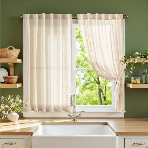 Vista 18 de jinchan Cortinas de lino floral beige para cocina, 24 pulgadas, 2 paneles A Beige