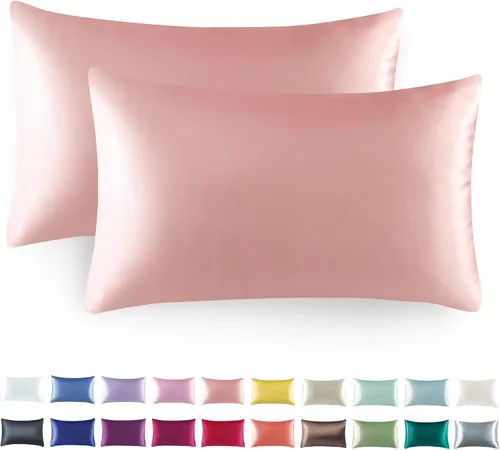 Vista 22 de Tyfitb Juego de 2 fundas de almohada de satén para cabello y piel, color azul bebé, fundas de almohada de enfriamiento tamaño estándar