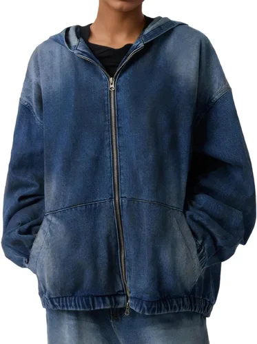 Vista 5 de Sudadera con capucha de mezclilla con cremallera para mujer, abrigos con bolsillos
