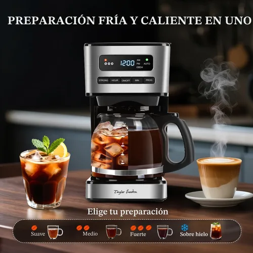 Vista 3 de Taylor Swoden Cafeteras programables de 12 tazas, cafetera para café caliente y café helado, 4 niveles de intensidad de preparación, pantalla LED