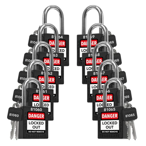 Vista 28 de TRADESAFE Juego de cerraduras de bloqueo - 7 cerraduras de loto rojas, cerraduras de bloqueo con llave diferente, 1 llave por cerradura, candados