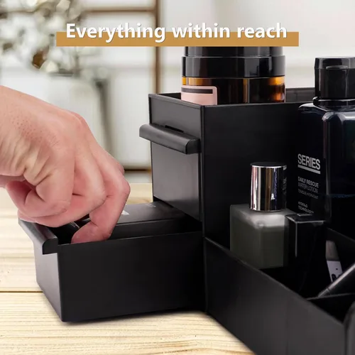 Vista 5 de Organizador de tocador negro con cajones – Caja grande de almacenamiento para hombres en encimera para colonia, cuidado de la piel, maquillaje