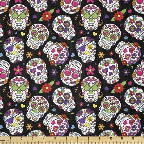 Vista 73 de Ambesonne The Yard, tela de calavera colorida con temática de Halloween, diseño de calavera y huesos cruzados, divertido estampado de dibujos