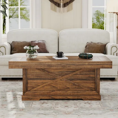 Vista 9 de Mesa de café Lareth 39 pulg. Mesa de centro rústica con pedestal de madera en X para sala de estar, ahorro de espacio, mesa de té de diseño