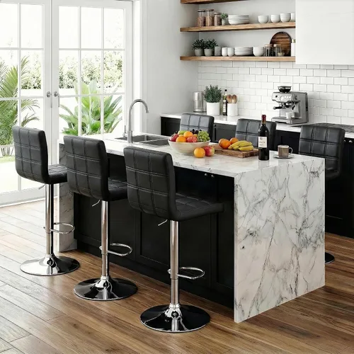 Vista 4 de ZENY Juego de 4 taburetes de bar giratorios ajustables, modernos taburetes de bar de cocina de piel sintética, taburete de bar con respaldo cuadrado