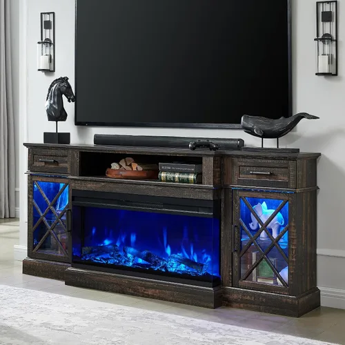 Vista 11 de OKD - Mueble de TV de estilo granja con chimenea, soporte de centro de entretenimiento de 70" con chimenea eléctrica de vidrio de 3 lados de 36