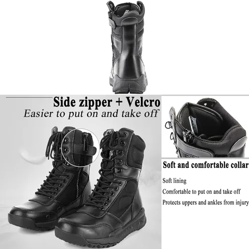 Vista 5 de Botas militares tácticas para hombre, zapatos negros para hombre, desierto, combate, ejército, senderismo, al aire libre, cremallera lateral