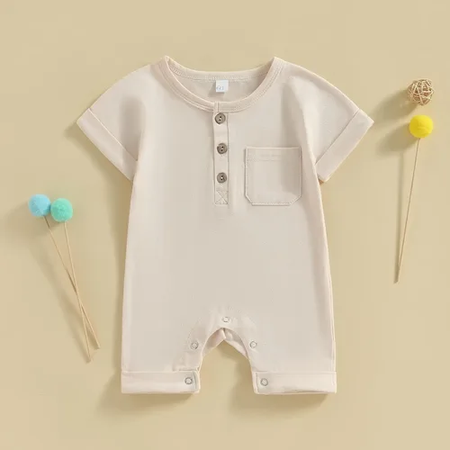 Vista 61 de Mameluco unisex de manga corta para bebé recién nacido, con botones, de una pieza, ropa de color sólido