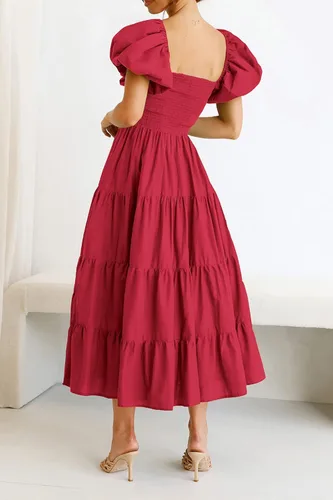 Vista 4 de PRETTYGARDEN Vestido midi casual de verano para mujer, manga corta, cuello cuadrado, fruncido, con volantes
