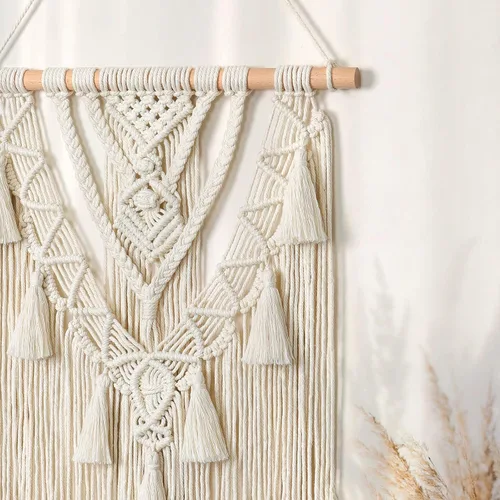 Vista 3 de Dremisland - Tapiz tejido de macramé para colgar en la pared, geométrico estilo boho, beige y gris, de algodón hecho a mano, decoración artística