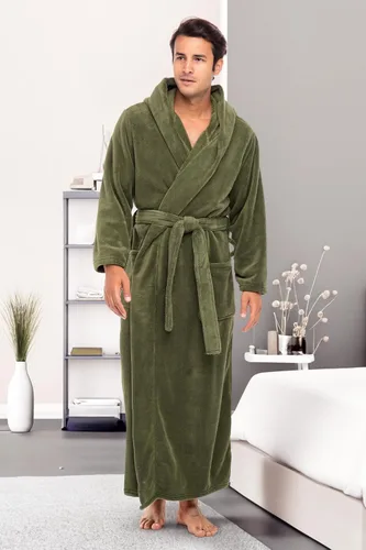 Vista 2 de Alexander Del Rossa Bata de baño de vellón afelpado suave, con capucha, para hombre, bata larga y cálida Verde militar