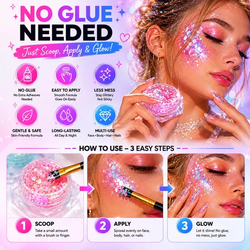 Vista 5 de 12 colores de gel con purpurina que brilla en la oscuridad, reactiva a la luz negra UV, para rostro y cuerpo, no necesita pegamento, grado cosmético