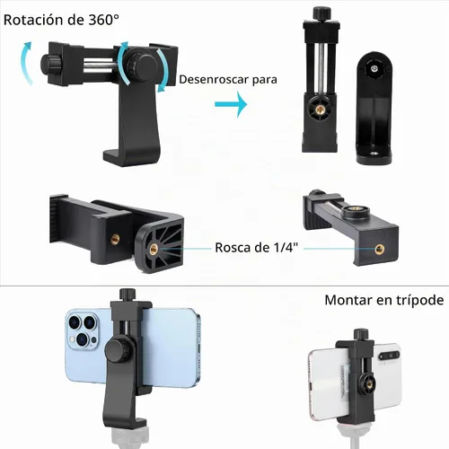 Vista 5 de Ruittos Adaptador de montaje de trípode para teléfono con control remoto de cámara, clip de soporte para teléfono celular con abrazadera ajustable