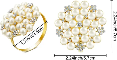 Vista 3 de Hotop 12 servilleteros dorados, perlas y flores, con diamantes de imitación, soportes redondos brillantes para bodas, fiestas, cenas, banquetes