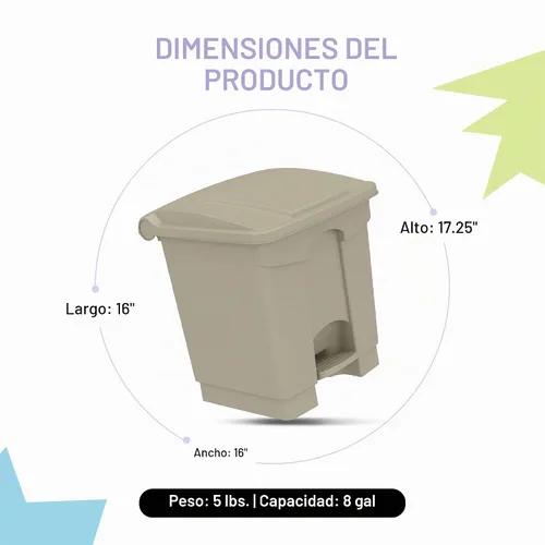Vista 3 de Safco - Cubo de basura de 8 galones con pedal de pie, interior, color Canela