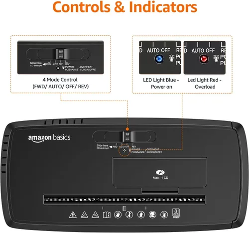 Vista 5 de Amazon Basics Trituradora de papel cortado en tiras de 8 hojas, CD y tarjetas de crédito con apagado automático, diseño compacto, portátil, sin
