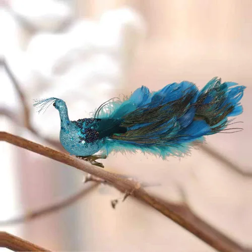Vista 4 de Adornos de Navidad de pavo real de 12 pulgadas, elegante pájaro de pavo real azul verde azulado decorativo con cola de plumas en clip, adorno de 1