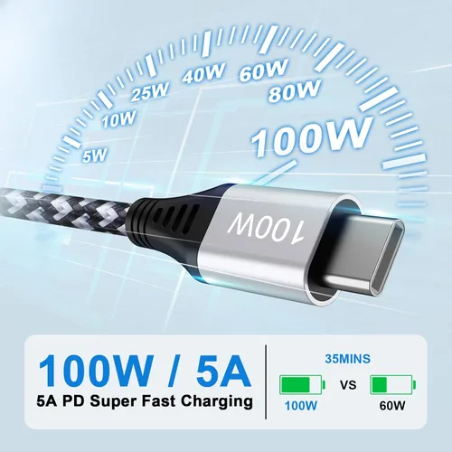 Vista 5 de Cable Pixel de 100 W tipo C a tipo C para Google Pixel 10, 10a, 9, 8, 7, 6 pies, PD 5A, cable USB C a USB C, cable trenzado de nailon tipo C