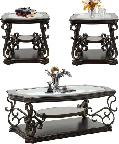 Vista 10 de Elegante mesa auxiliar retro, mesa de cóctel rectangular tradicional de 3 niveles con parte superior de vidrio templado, estante de mármol medio