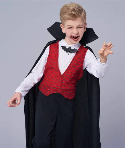 Vista 5 de IKALI Disfraz de vampiro para niños y niñas, Drácula de Halloween con capa