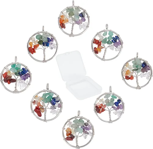 Vista 6 de SUNNYCLUE 8 dijes de árbol de la vida, piedras preciosas de cristal de cuarzo, planas, redondas, con agujero para joyería y pulsera, chakras, collar