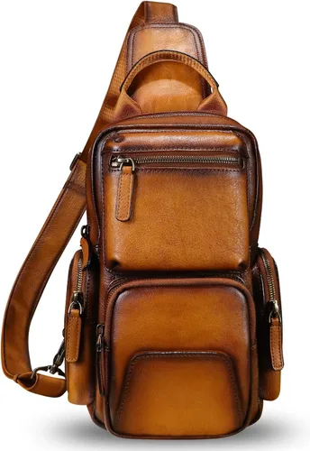 Vista 2 de IVTG Bolso bandolera de cuero genuino para senderismo, estilo vintage, hecho a mano, mochila para el pecho, mochila de hombro, paquete