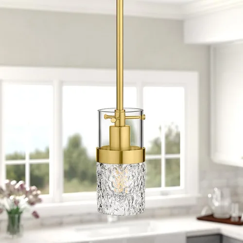 Vista 2 de LMS Lámpara colgante dorada, 1 luz colgante para isla de cocina con vidrio martillado, LMS-171